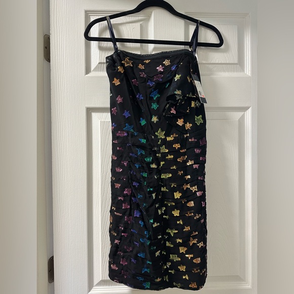 Shoshanna Women Off The Shoulder Nyla Metallic Star Mini Dress Black NWT - Picture 2 of 6